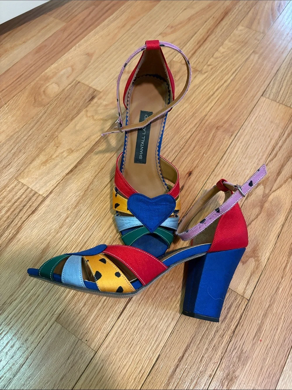 Shantall Lacayo Project Runway Raw Silk Heels Heart Rainbow Ankle-Strap Sandals